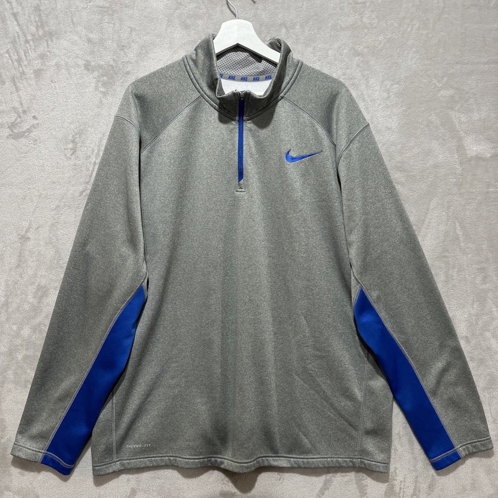 Nike Therma-Fit Fleece 1/4 Zip Pullover Sweatshirt Gray & Blue Men's Size 2XL